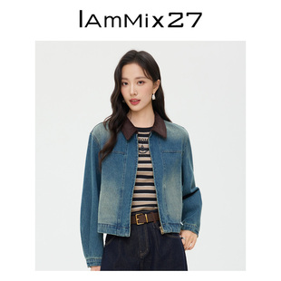 IAmMIX27复古翻领牛仔外套女简约撞色灯芯绒拼接百搭做旧休闲上衣