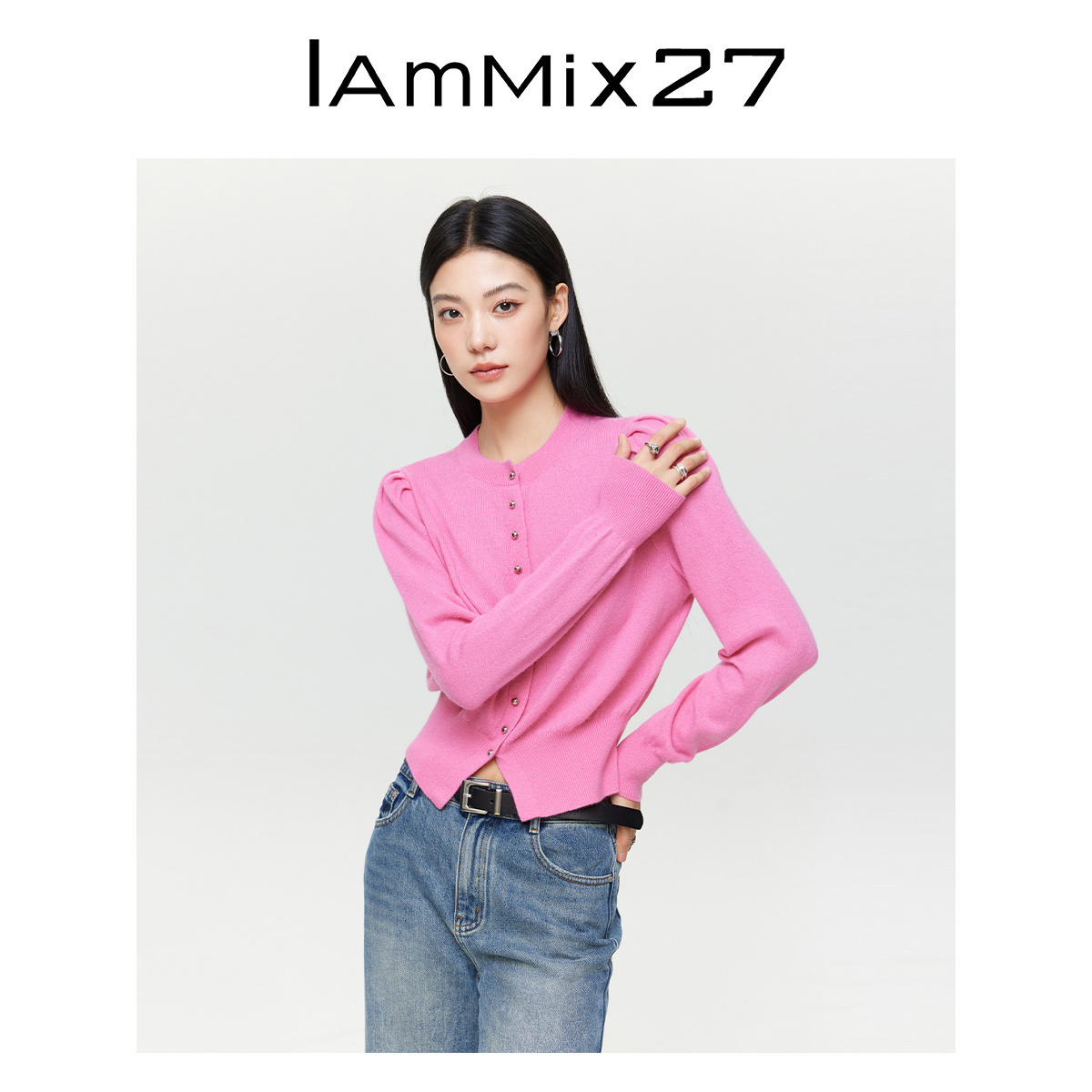iammix27泡泡袖圆领套头针织衫