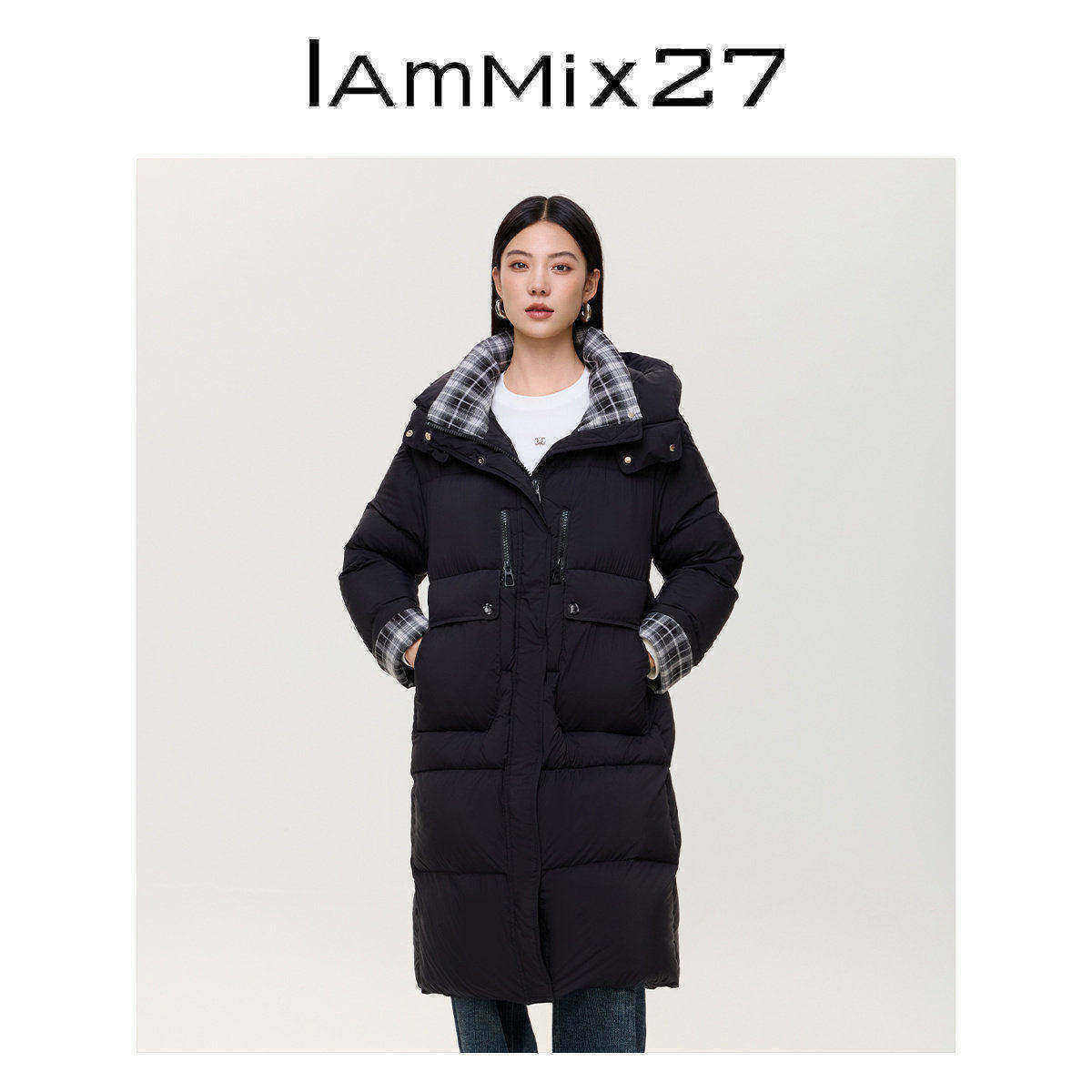 iammix27冬季连帽中长款羽绒服