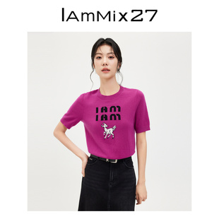 女羊毛衫 IAmMIX27圆领套头针织衫 打底衫 全羊毛字母刺绣短款 女短袖