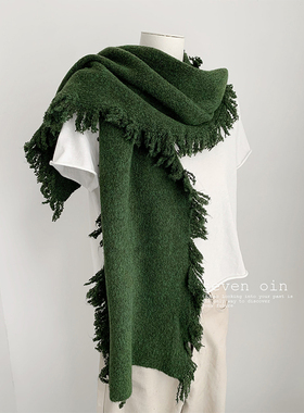 七七oin 苏格绿氛围感软糯毛边围巾女秋冬保暖高级披肩多用围脖潮