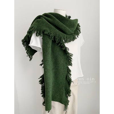 苏格绿氛围感软糯毛边围巾