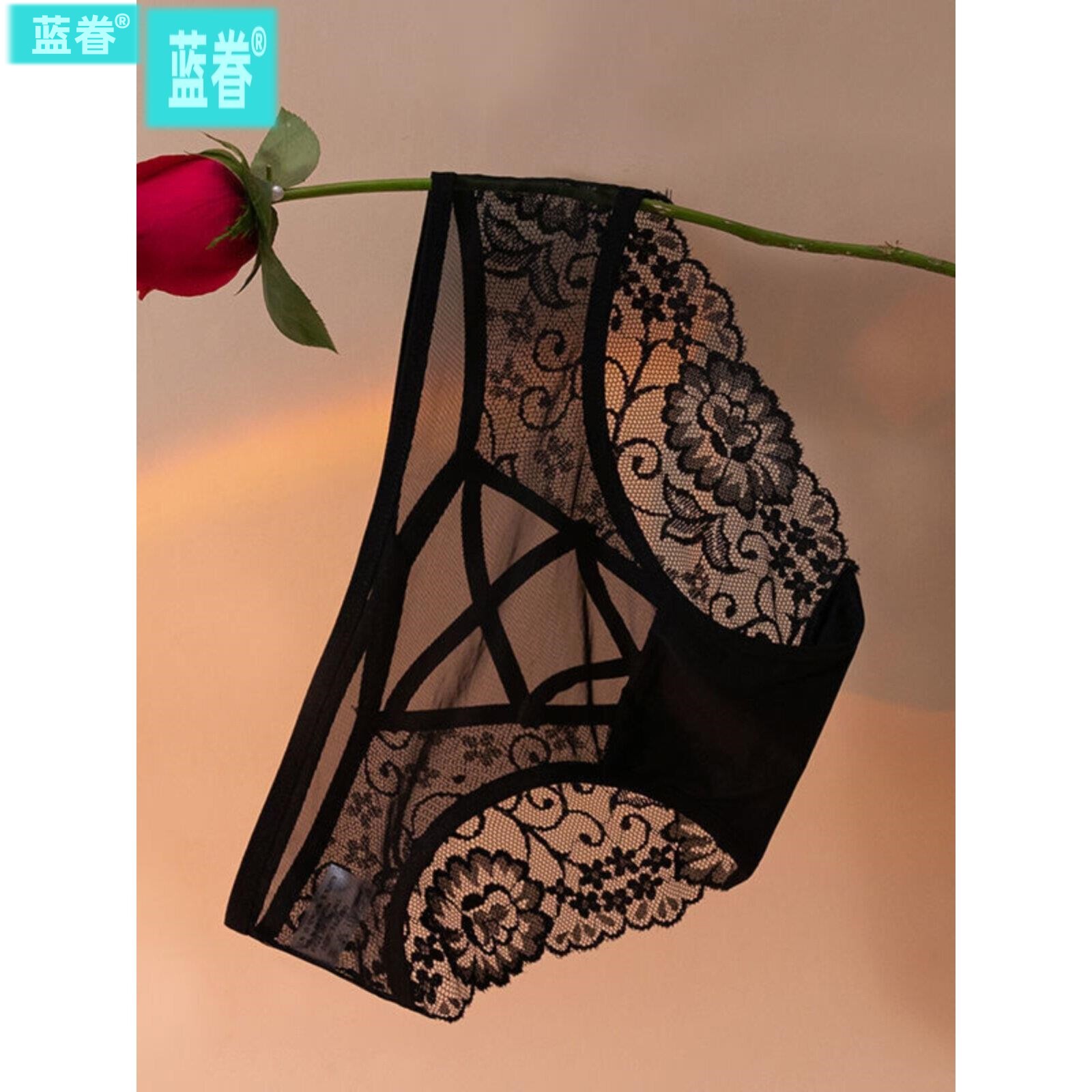 4条装 黑色性感蕾丝内裤女薄款纯欲风网纱透明舒适透气中腰三角裤