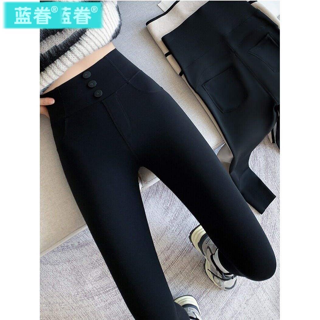 秋冬三粒扣加绒加厚鲨鱼裤女外穿小黑裤弹力口袋高腰收腹打底裤子