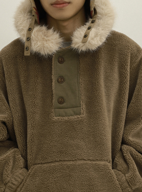 OUTORI秋冬复古山地罩衫羊羔毛内胆复古保暖毛领连帽套头衫外套男