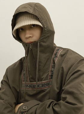 OUTORI2023年秋季户外中长款套头山地罩衫复古连帽高领三防夹克男