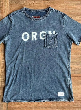 日本elkex男款复古做旧字母印花纯棉圆领短袖T恤indigo蓝染水洗夏