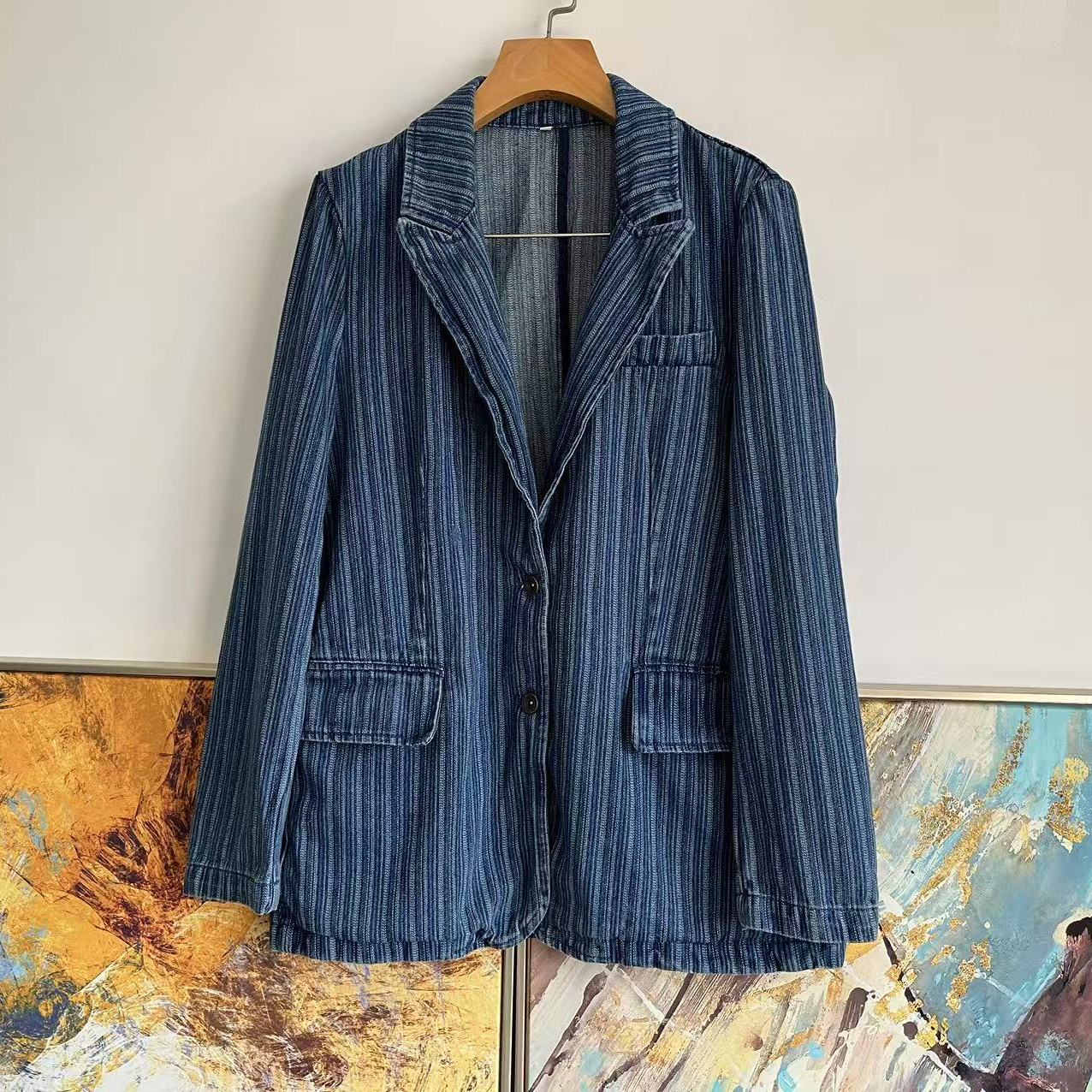 复古做旧蓝染色织条纹牛仔西服