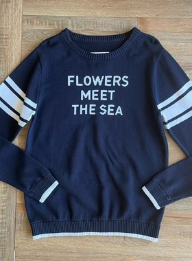 日本elkex女款纯棉毛线字母装饰圆领针织卫衣indigo蓝染水洗春秋