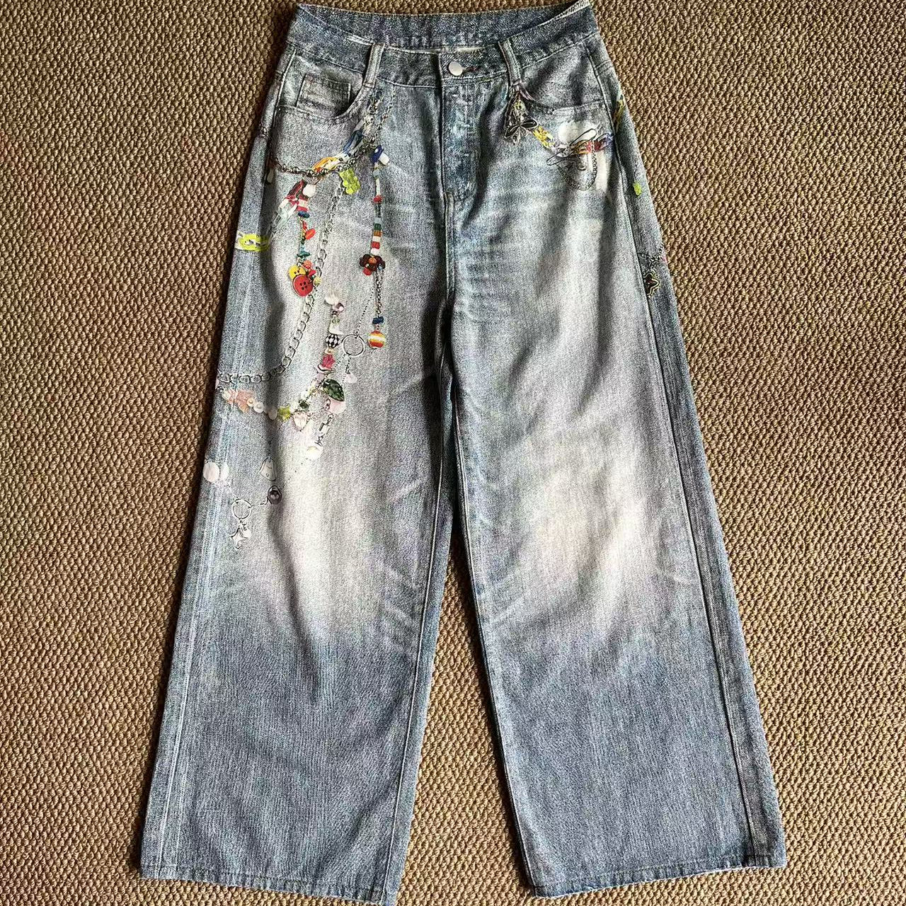 精致链条印花纯棉牛仔裤宽松