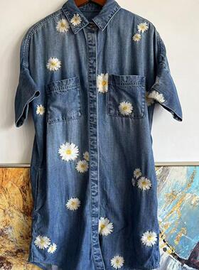 driftwood女款重工雏菊花朵刺绣天丝短袖连衣裙夏季长衫