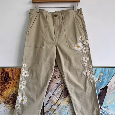 重工小雏菊刺绣纯棉休闲裤