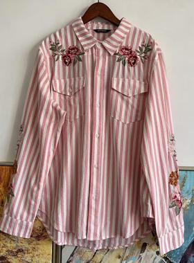 driftwood女款重工花朵刺绣纯棉条纹长袖衬衫春秋上衣