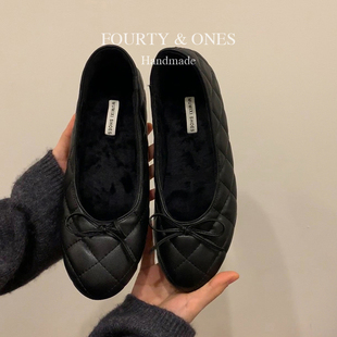 芭蕾风保暖毛毛鞋 女浅口圆头奶奶鞋 菱格纹蝴蝶结单鞋 增高5cm法式