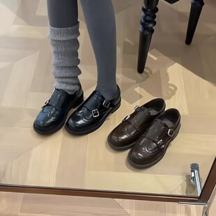 羊皮版~真皮英伦皮带扣雕花布洛克鞋复古小皮鞋女加绒单鞋乐福鞋