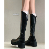 黑色长筒靴女款 秋季 v口高筒靴粗跟弹力靴厚底瘦瘦靴后拉链骑士靴