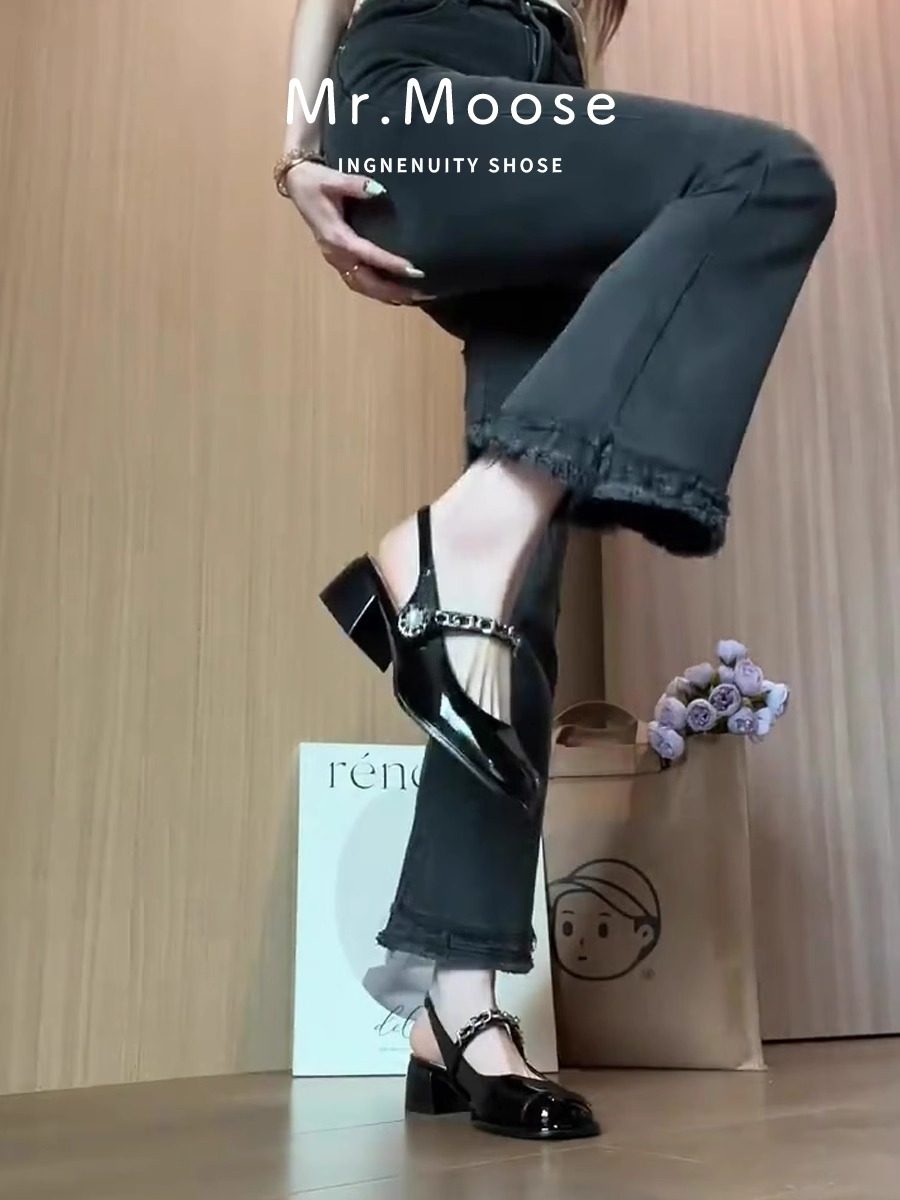 气质风！2025夏新款粗跟黑色漆皮真皮软底高跟女凉鞋包头时尚女鞋,女鞋,时装凉鞋,淘宝优惠券,粉丝福利购,淘宝优惠卷