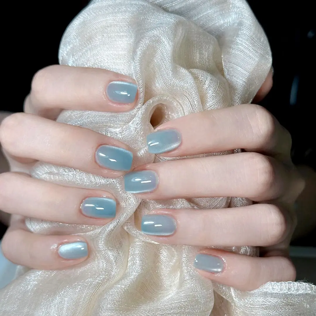 S85-海蓝猫眼成品穿戴甲小清新显白假指甲短款爆闪美甲贴片