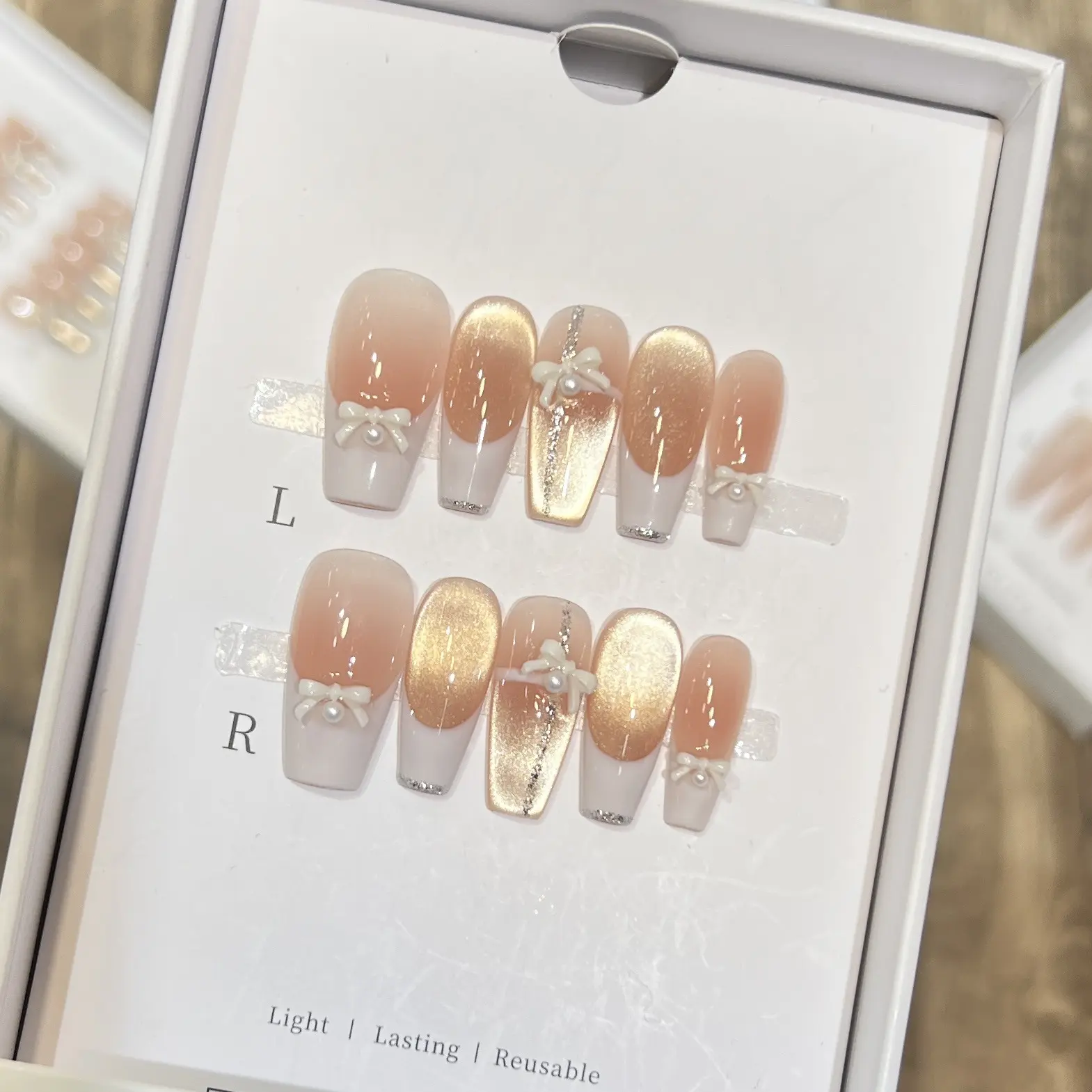 黛瑞森 小香风猫眼美甲温柔白色法式蝴蝶结气质公主穿戴甲手工甲