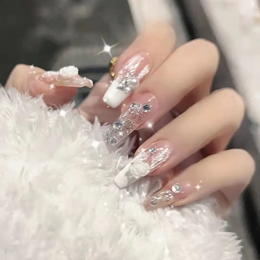 美甲穿戴甲手工美甲贴片白色石膏山茶花美甲可拆卸反复用小红书款