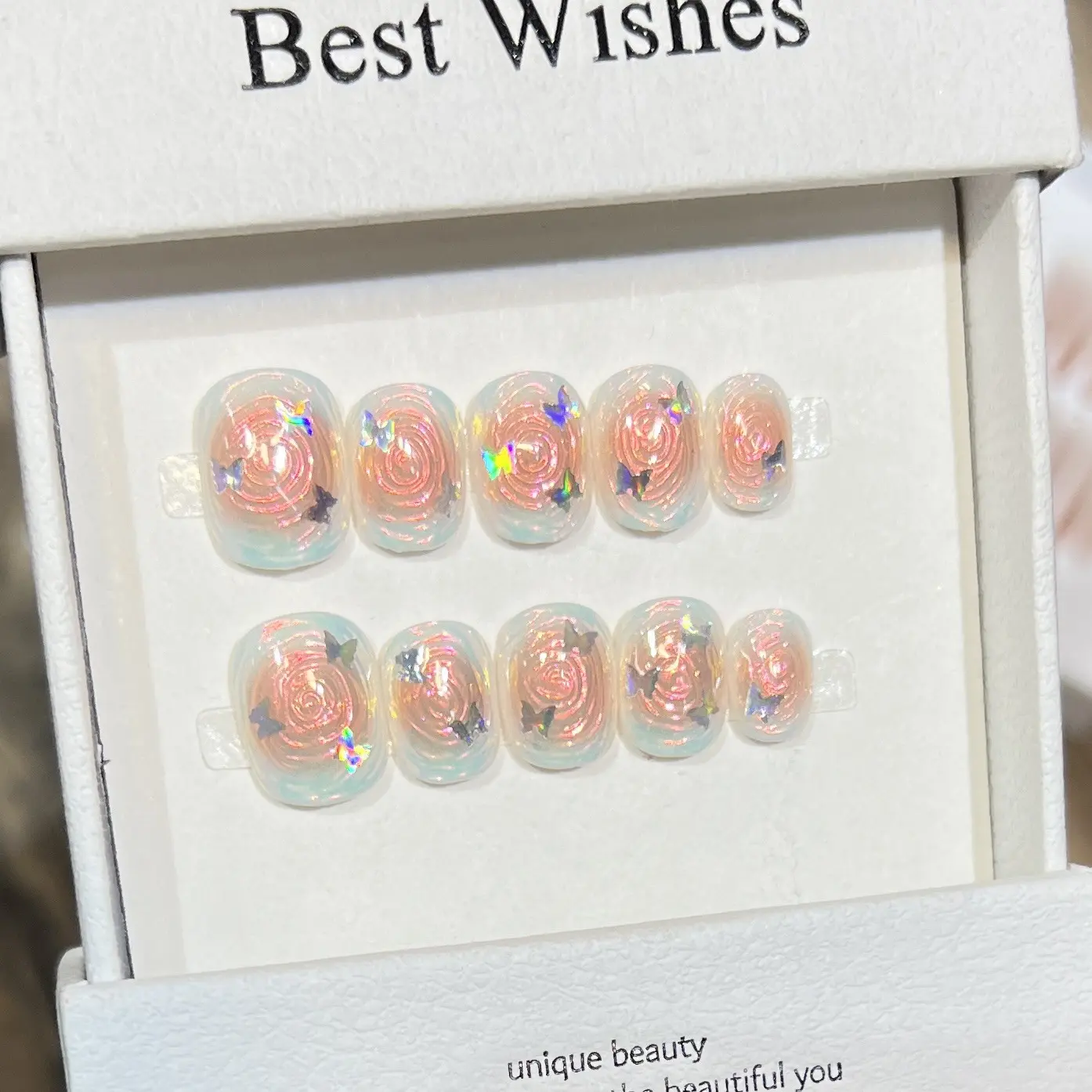 黛瑞森 外贸穿戴甲手工塔罗牌魔法蝴蝶幻彩漩涡手绘美甲短款甲片