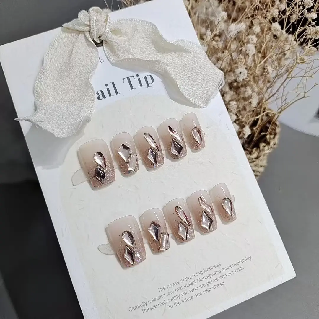 穿戴甲10片S172玻璃闪钻短梯高级显白钻气质浪漫纯欲风爆闪美甲片