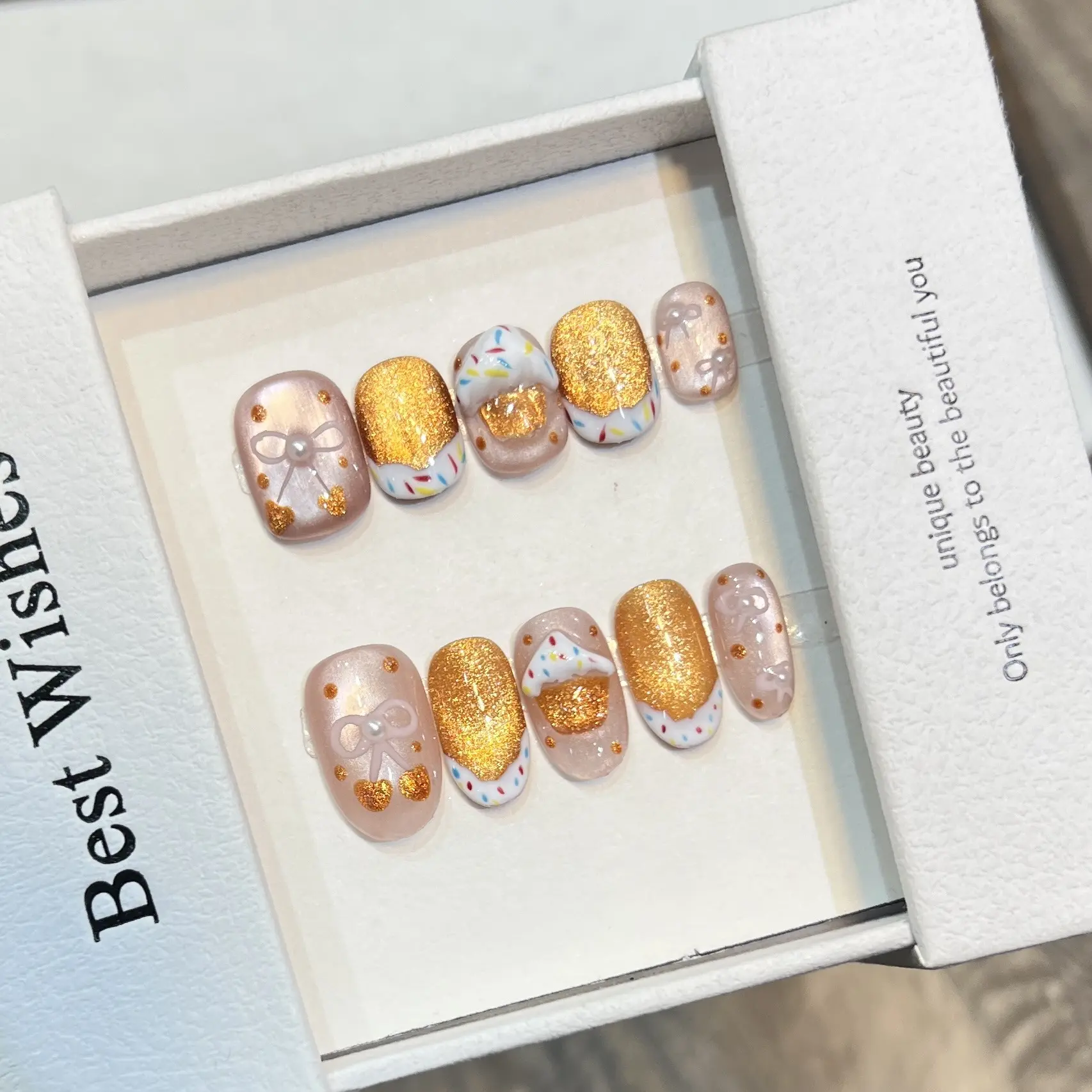 春夏款穿戴甲高级感短款美甲绵密猫眼糖果冰淇淋蝴蝶结甲片可拆卸