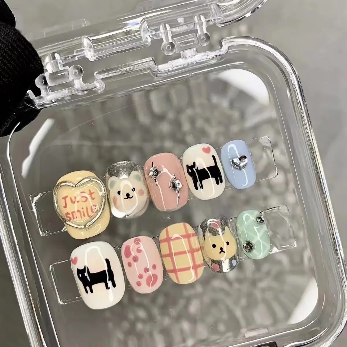 短款手工穿戴甲韩系可爱猫猫美甲指甲贴片多巴胺手作成品可用拆卸