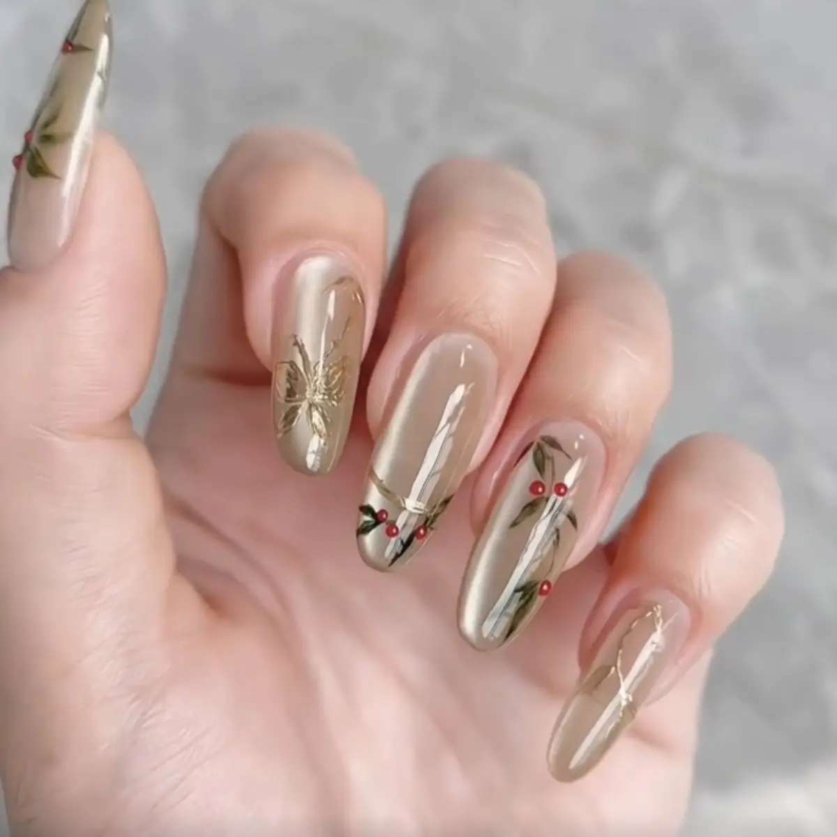 国风相思红豆中式立体美甲国潮水墨竹叶浮雕穿戴甲