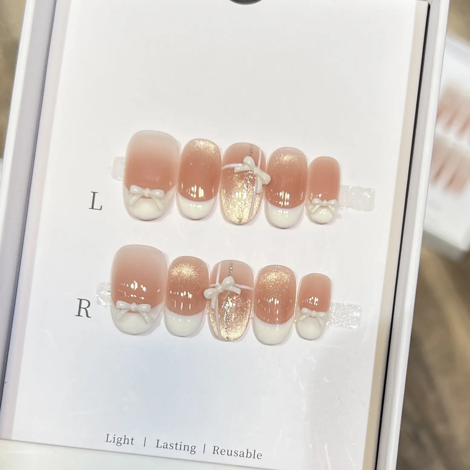 黛瑞森 日常短款穿戴甲手工温柔小香风猫眼蝴蝶结可拆卸法式甲片