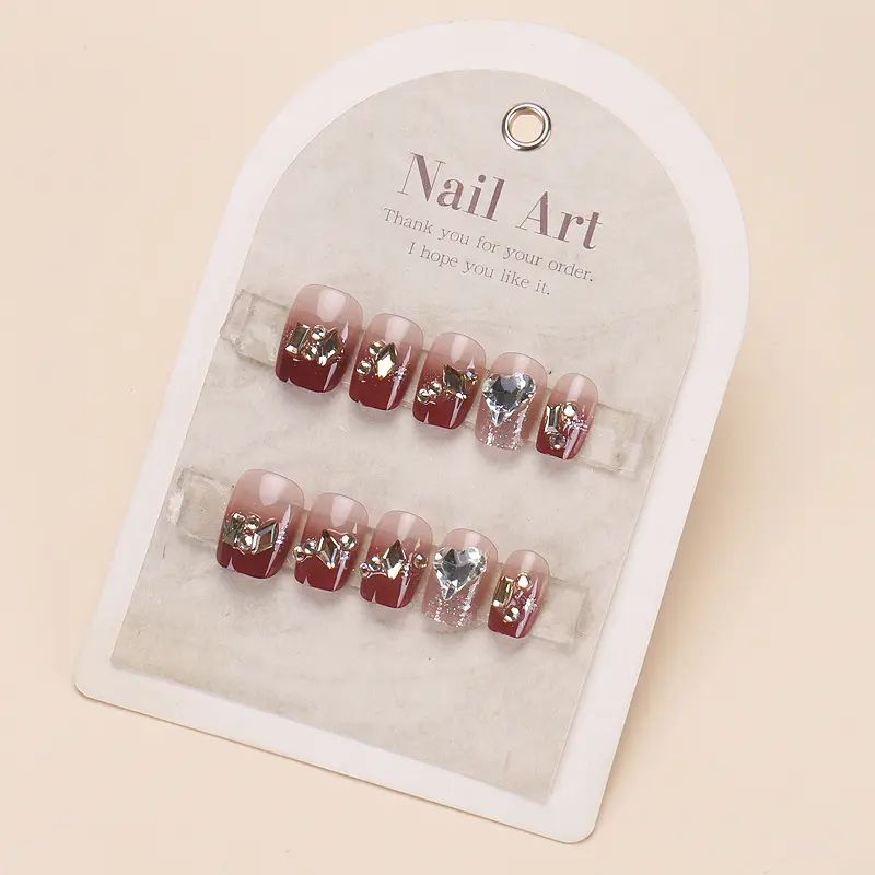 手工穿戴甲法式香槟水钻新年美甲甲片ins爆款酒红穿戴指甲片成品
