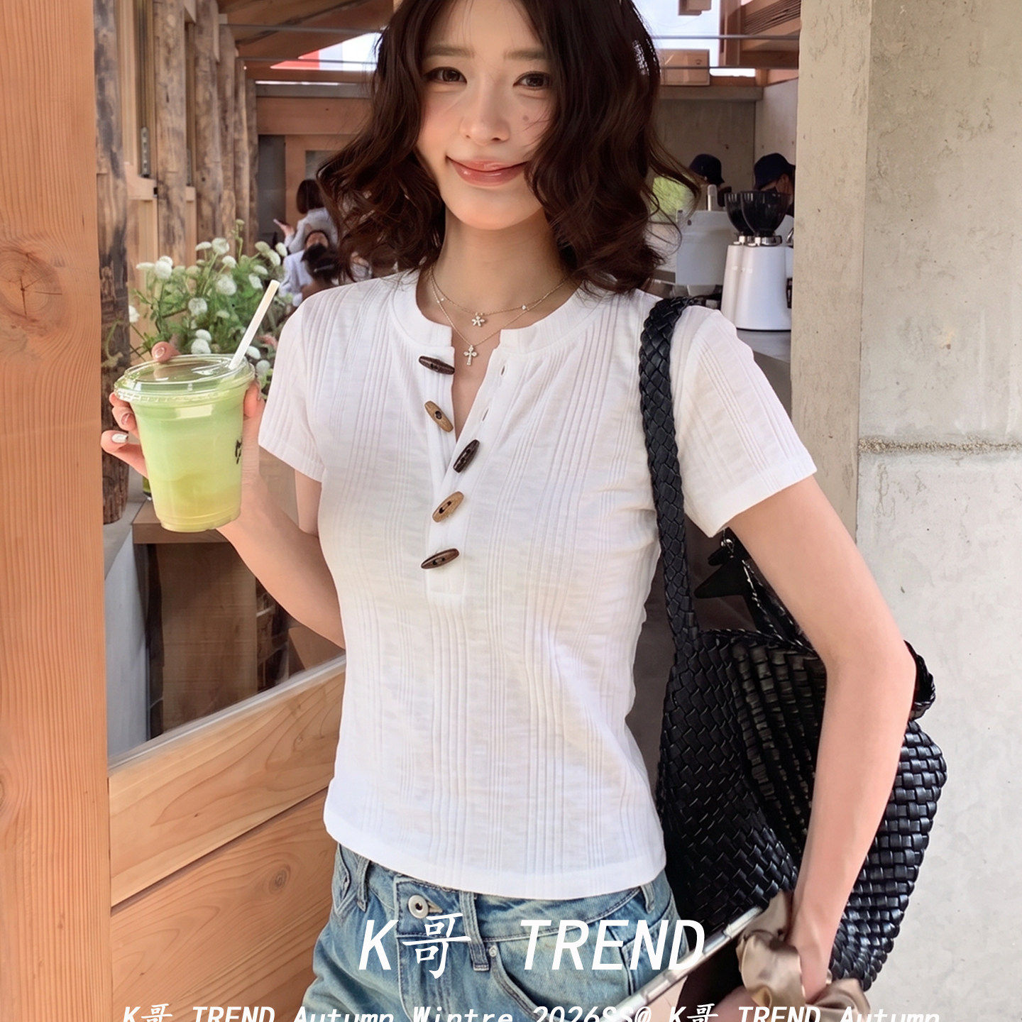 肌理感牛角扣短袖t恤女夏