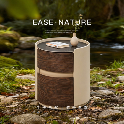 已夏意式极简岩板木皮圆形轻奢设计师新款卧室家用储物床头柜