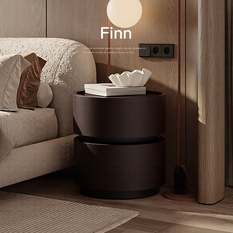 已夏2025款意式极简马鞍皮实木圆形现代设计师高端置物床头柜