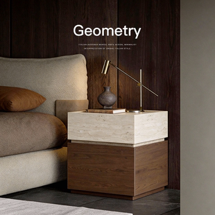 已夏岩栖中古侘寂风高级感洞石设计师胡桃米色轻奢床头柜卧室家用