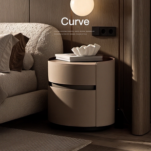 已夏意式极简创意圆筒设计师卧室马鞍皮高级床头柜轻奢收纳柜储物