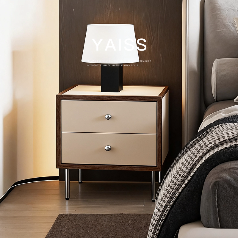 已夏静谧系列法式轻奢高级高简约实木米黄家用卧室床头柜置物储物