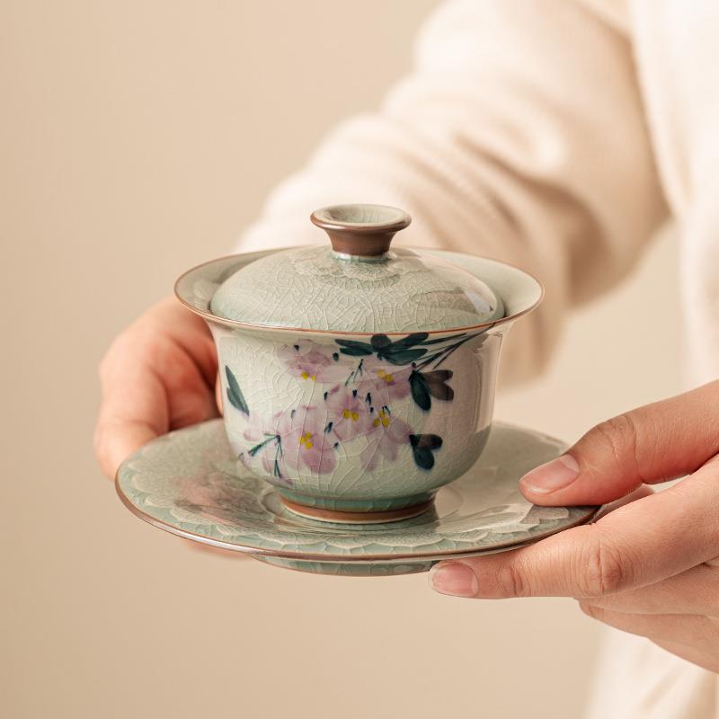 冰片釉纯手绘三才盖碗功夫茶具茶杯陶瓷开片茶碗不烫手家用泡茶器