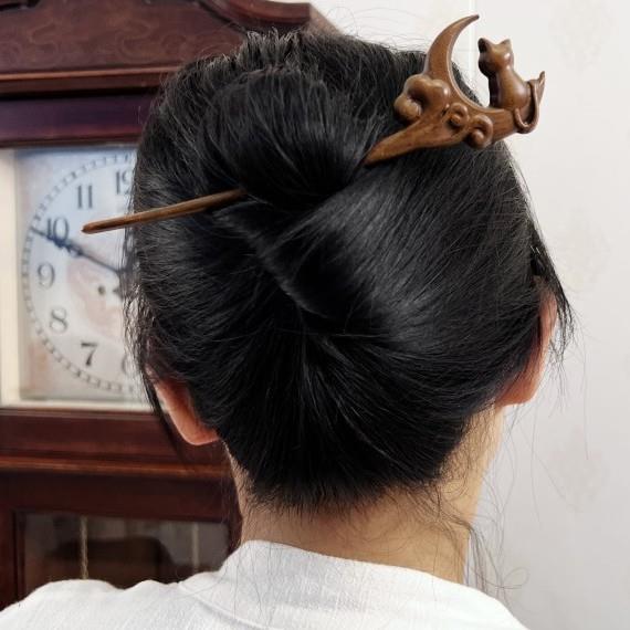 月亮小猫盘发簪子发簪饰品古风汉服头饰天然檀木挽发器日常