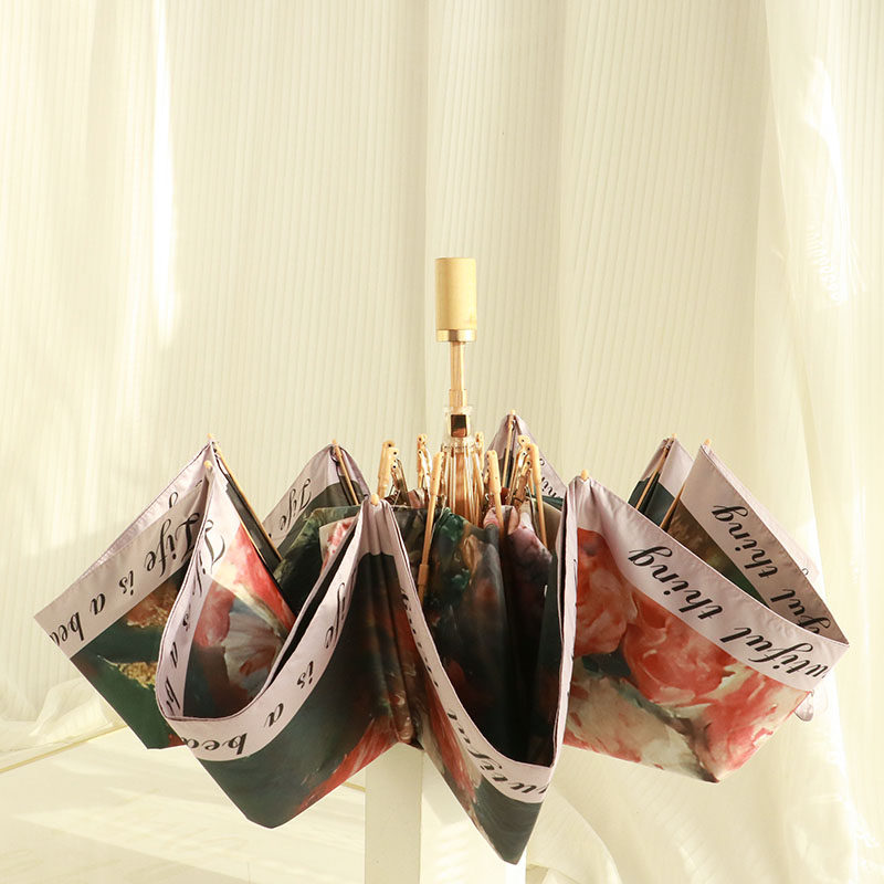 复古花卉超轻三折手开雨伞加厚黑胶女防晒防紫外线晴雨两用折叠伞