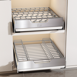 帅仕不锈钢抽拉式碗碟收纳层架整体橱柜内放碗盘沥水置物架子水槽