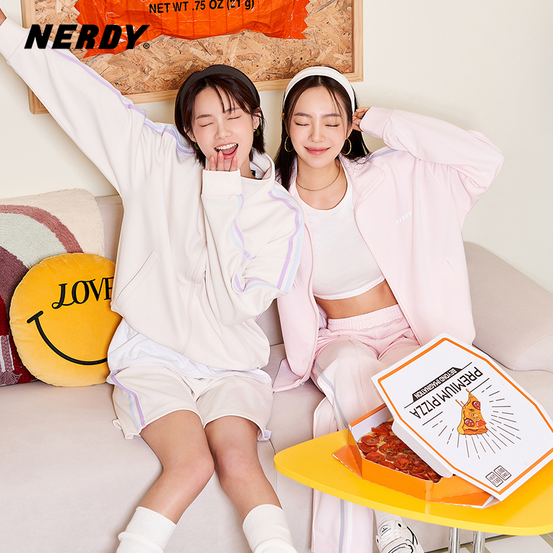 NERDY2023秋夏新款宽松休闲运动服裤套装情侣同款双杠百搭外套女