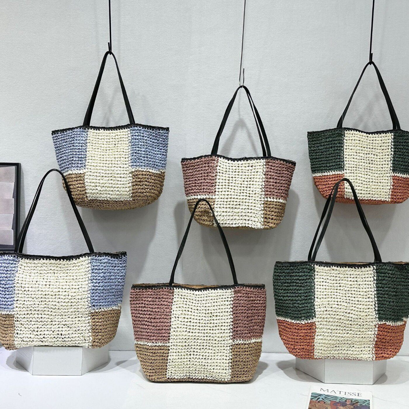 撞色编织包休闲度假风沙滩简约草编包大容量托特包大号