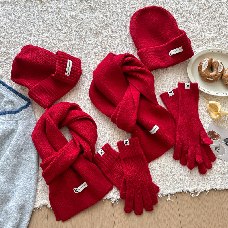 红色圣诞风帽子手套围脖围巾三件套一体男女冬天加厚加绒保暖情侣