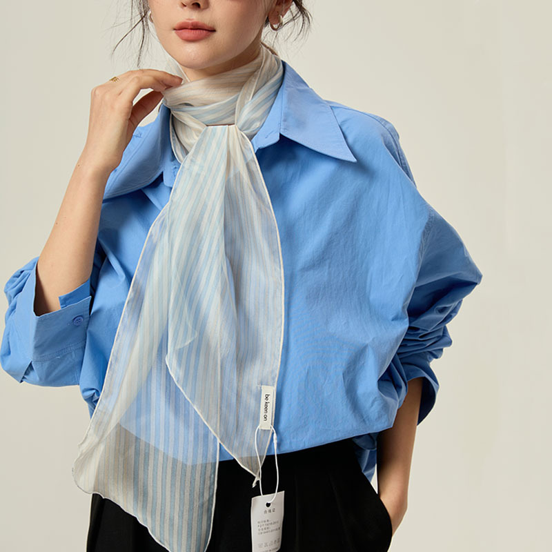 休闲拼色优雅竖条纹欧根纱丝巾加长领巾女爆款商务飘带腰带薄