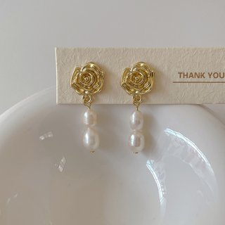 小众设计金属花朵淡水珍珠流苏耳环s925银针个性耳坠时尚通勤耳饰