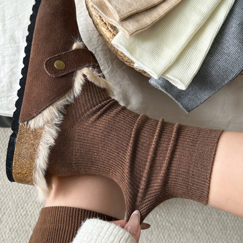 秋冬美拉德咖色袜子女莱卡橡筋抗菌防臭中筒袜双针耐磨舒适堆堆袜