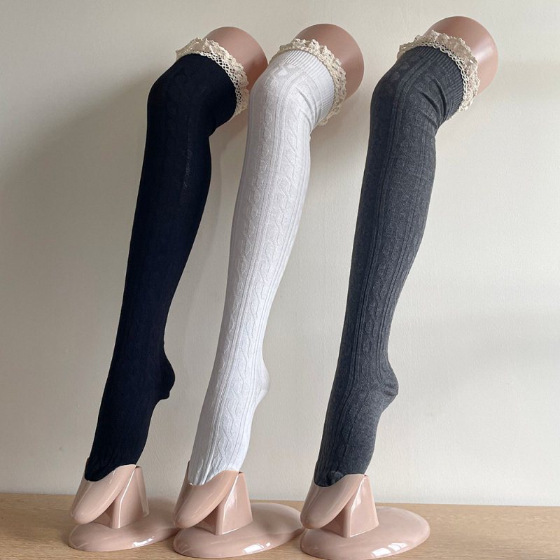 秋冬日系麻花竖纹过膝袜棉花边拼接长筒袜子女甜美靴袜高筒袜春秋