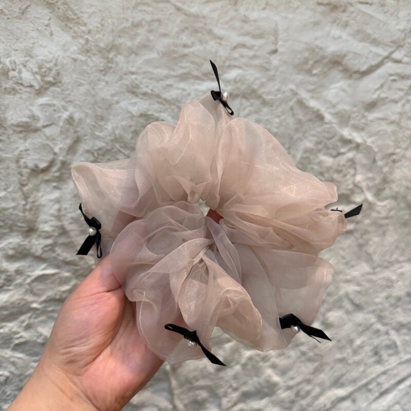 实拍 韩国纱纱珍珠超大肠发圈蝴蝶结仙气温柔韩式咖