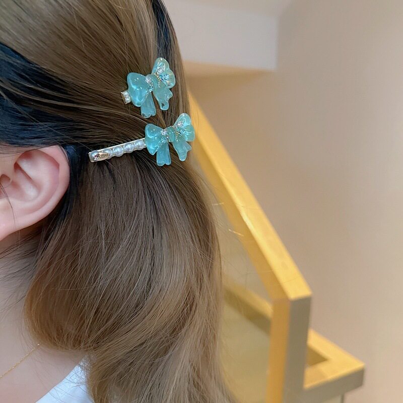 韩国冰透果冻绿立体蝴蝶结水钻珍珠边夹发夹气质高级感甜美刘海夹